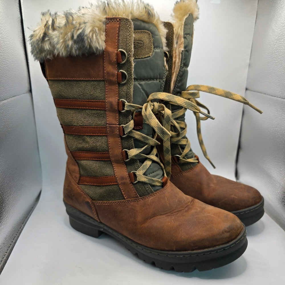 Keen Womens Wapato Boot Size 9.5 Tall Waterproof Brown Leather Lace Up Sherpa